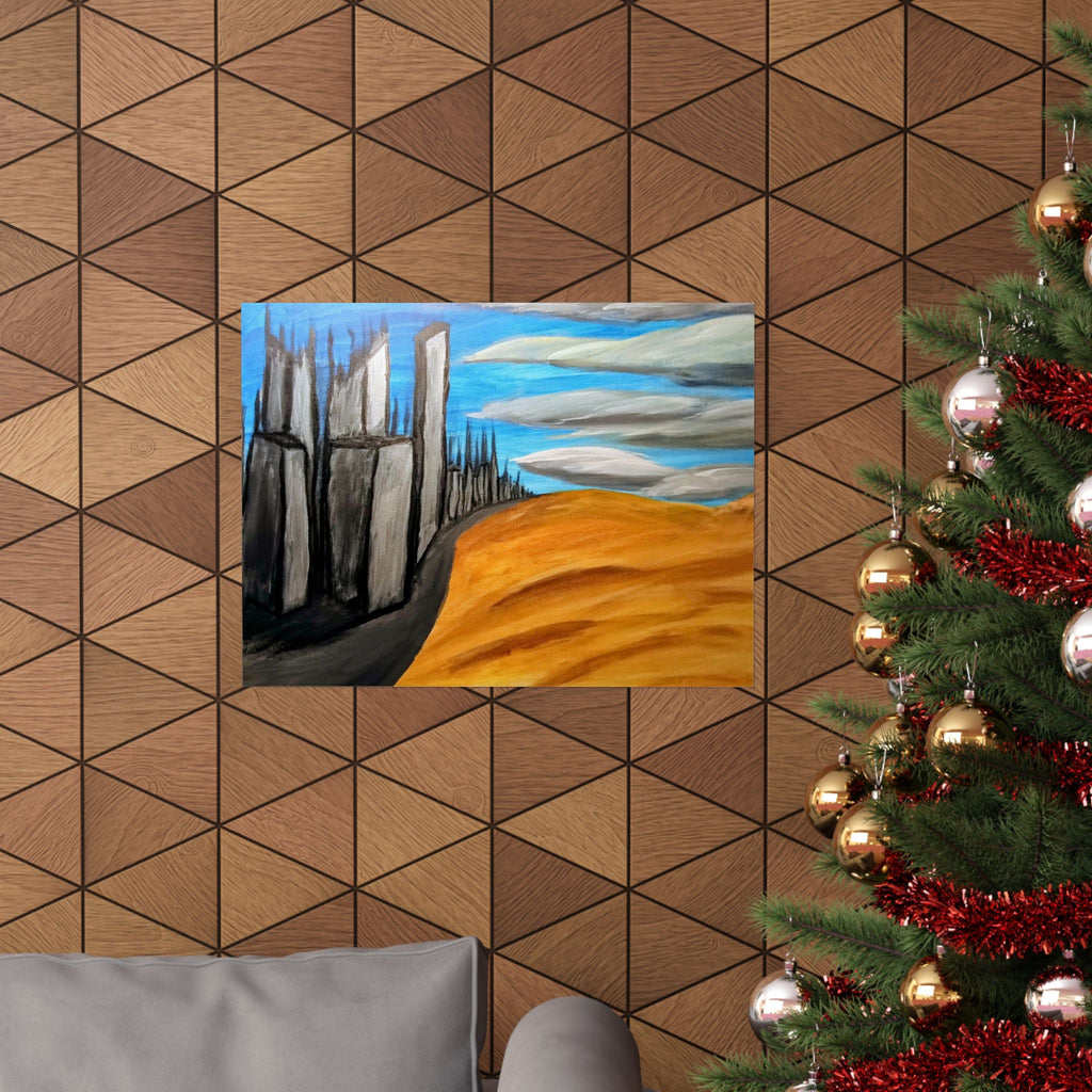 Desert Cityscape Matte Poster — Surreal Skyline over Golden Dunes (Horizontal)