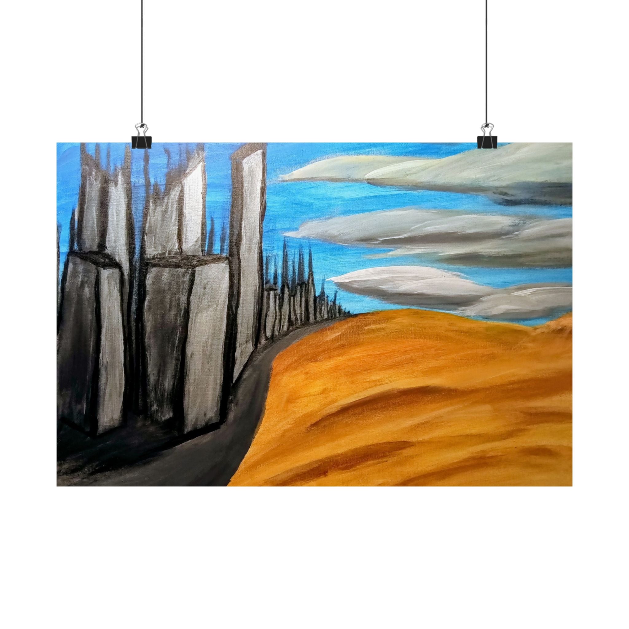Desert Cityscape Matte Poster — Surreal Skyline over Golden Dunes (Horizontal)