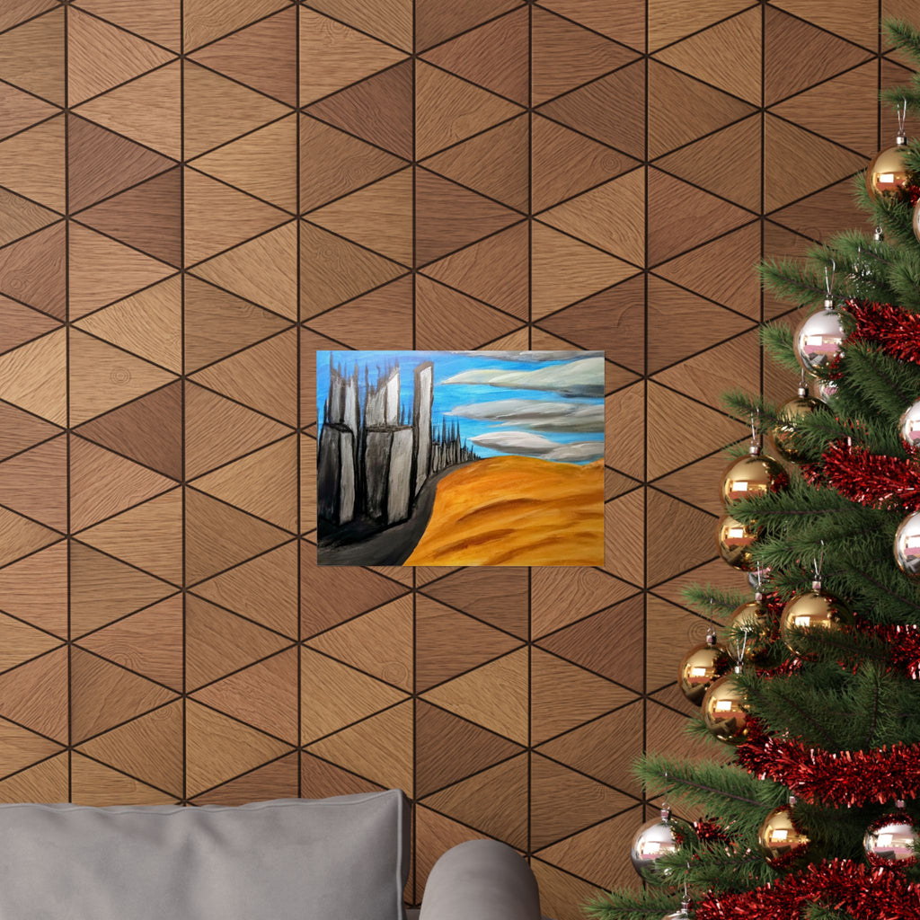 Desert Cityscape Matte Poster — Surreal Skyline over Golden Dunes (Horizontal)
