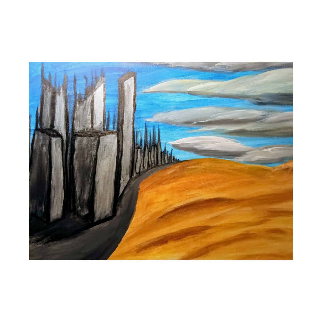 Desert Cityscape Matte Poster — Surreal Skyline over Golden Dunes (Horizontal)