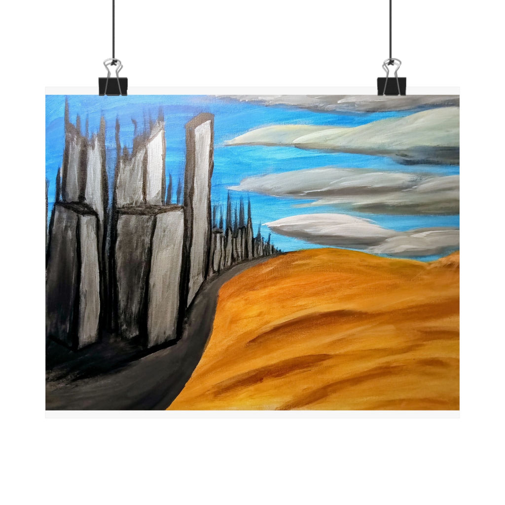 Desert Cityscape Matte Poster — Surreal Skyline over Golden Dunes (Horizontal)