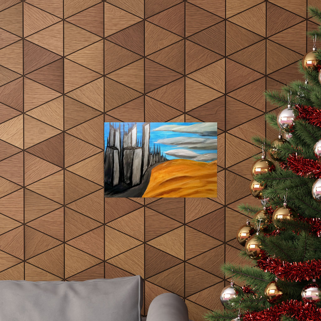Desert Cityscape Matte Poster — Surreal Skyline over Golden Dunes (Horizontal)
