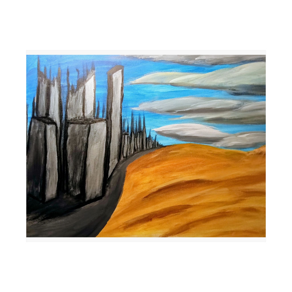 Desert Cityscape Matte Poster — Surreal Skyline over Golden Dunes (Horizontal)