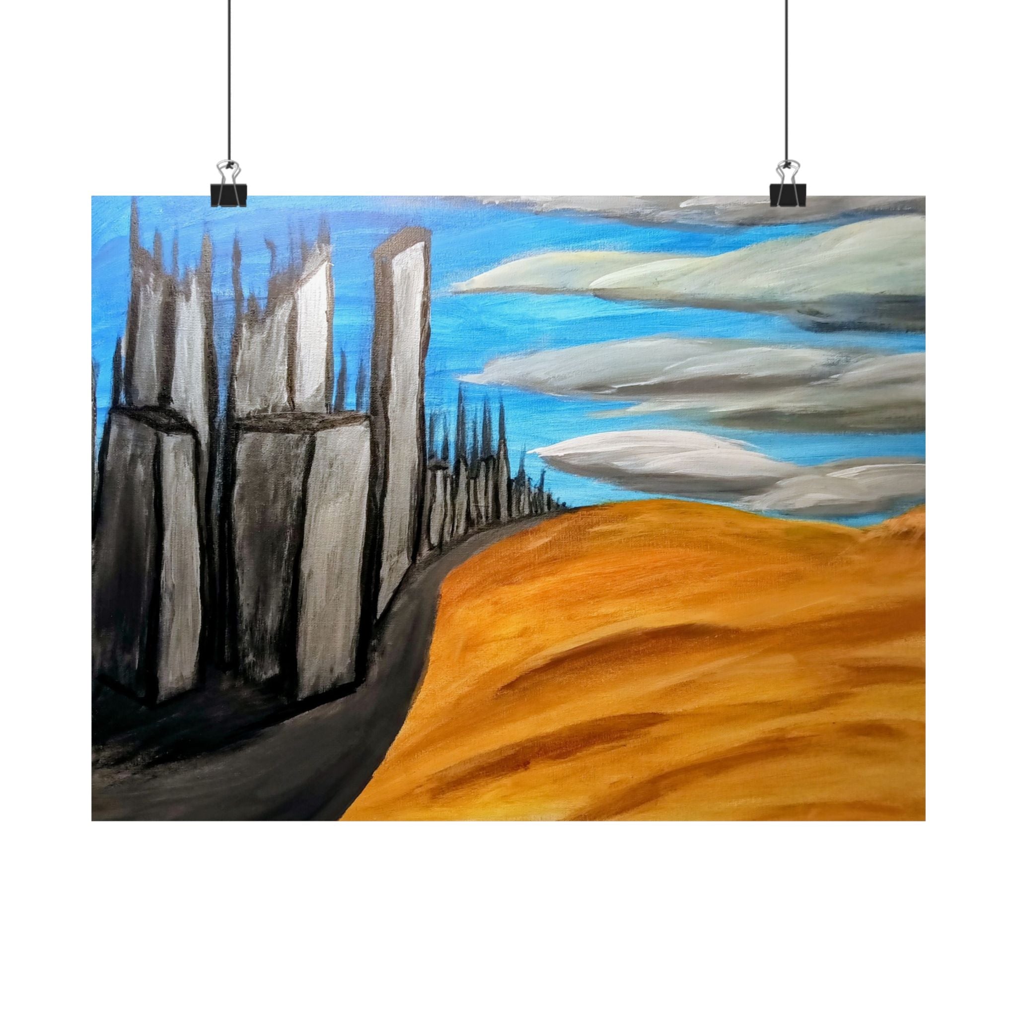 Desert Cityscape Matte Poster — Surreal Skyline over Golden Dunes (Horizontal)
